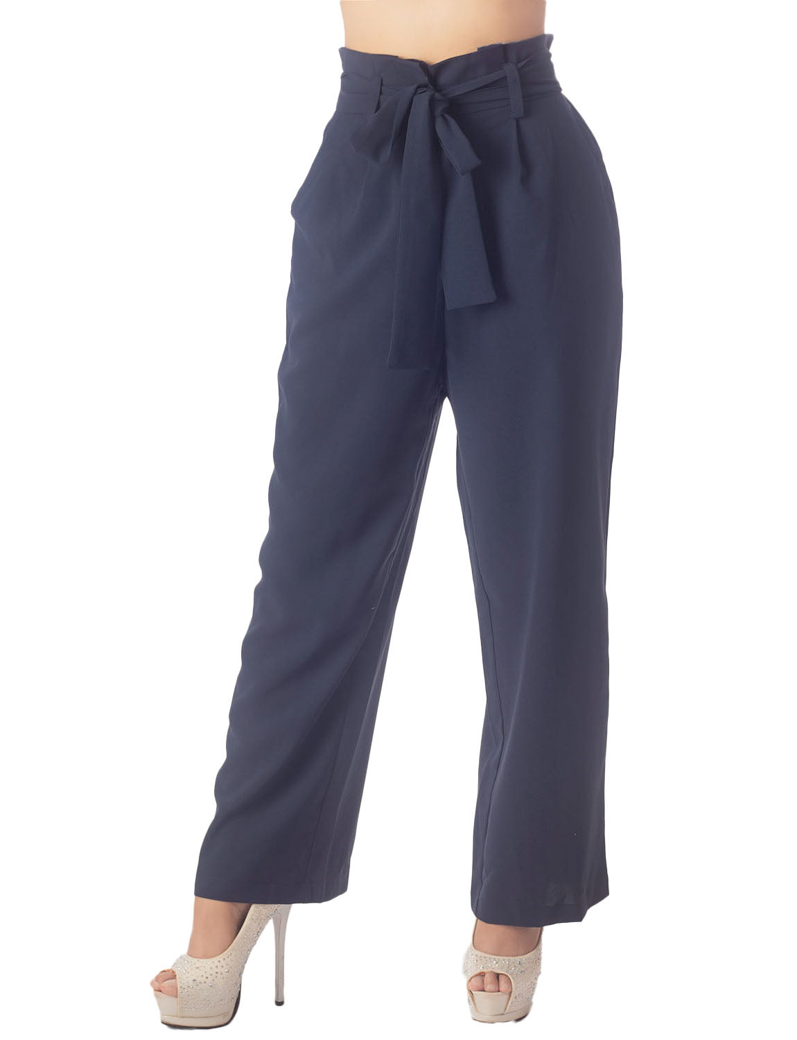 Women's Bow Belt High Waist Cozy Casual Relaxed Wide Leg Pants