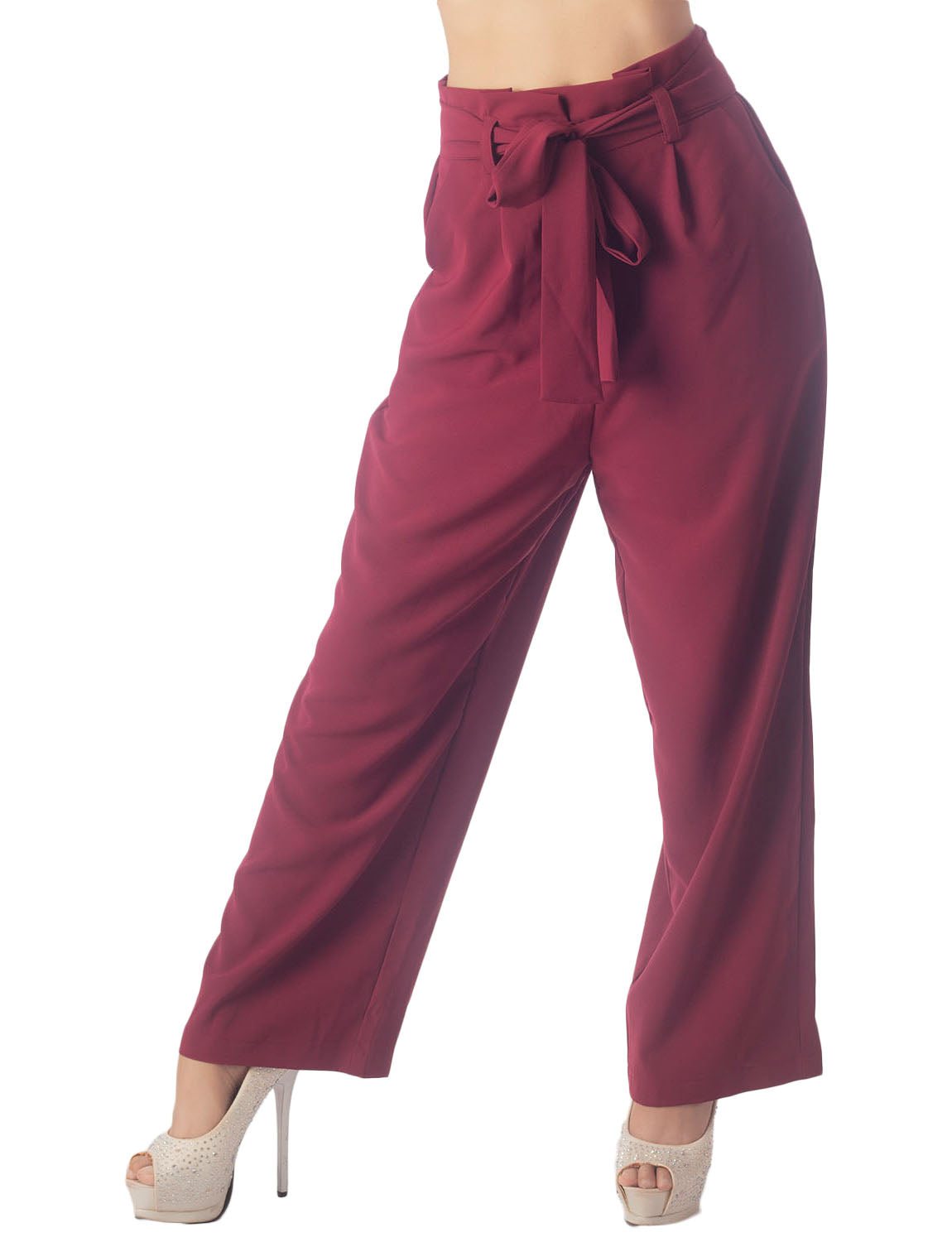 Women's Bow Belt High Waist Cozy Casual Relaxed Wide Leg Pants