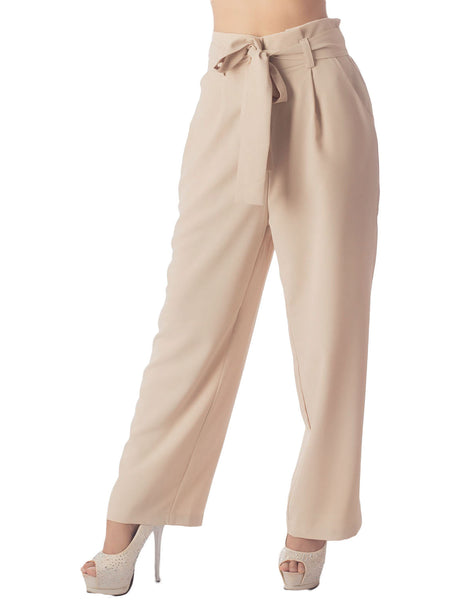 Women's Bow Belt High Waist Cozy Casual Relaxed Wide Leg Pants