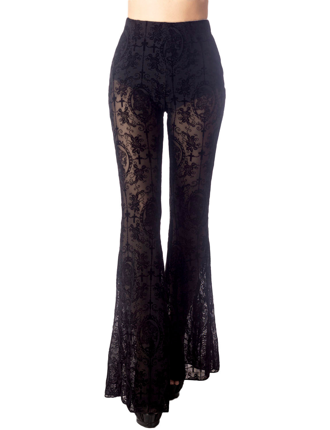 Women's Eyelet Lace Crochet Transparent Slim Fit And Flare Wide Leg Trouser