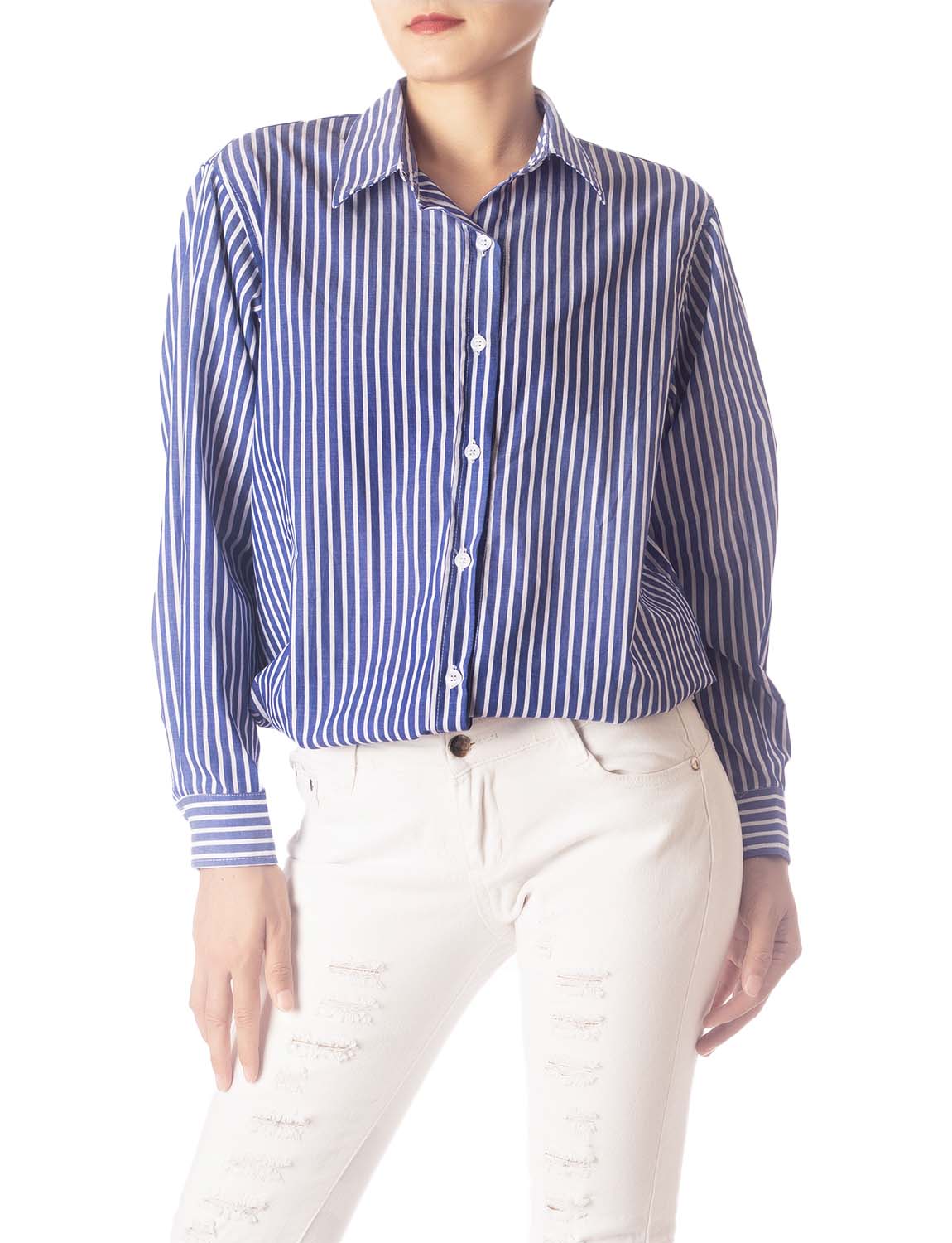 Women's Navy Stripes Cotton Button Long Sleeve Shirt