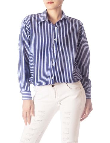 iB-iP Women's Navy Stripes Cotton Button Long Sleeve Shirt