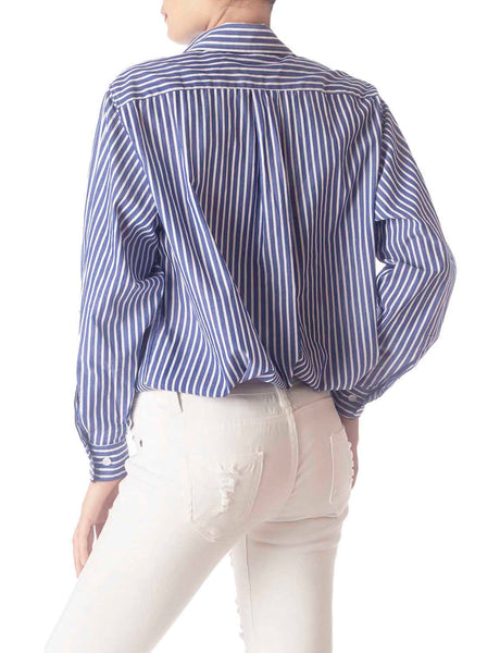 Women's Navy Stripes Cotton Button Long Sleeve Shirt