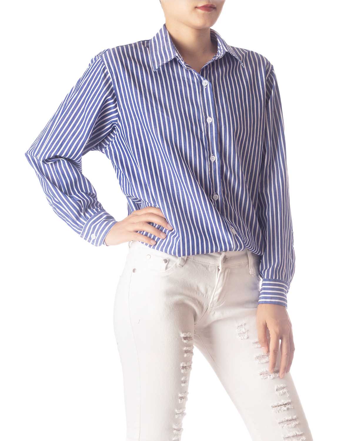 Women's Navy Stripes Cotton Button Long Sleeve Shirt