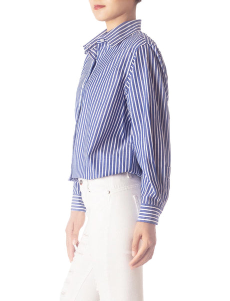 Women's Navy Stripes Cotton Button Long Sleeve Shirt