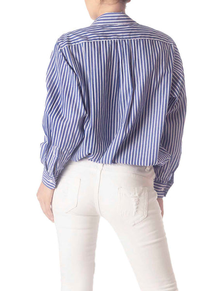 Women's Navy Stripes Cotton Button Long Sleeve Shirt