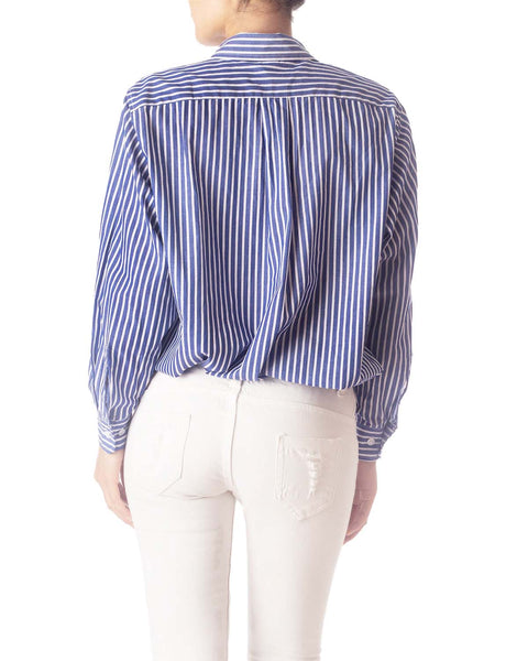 Women's Navy Stripes Cotton Button Long Sleeve Shirt