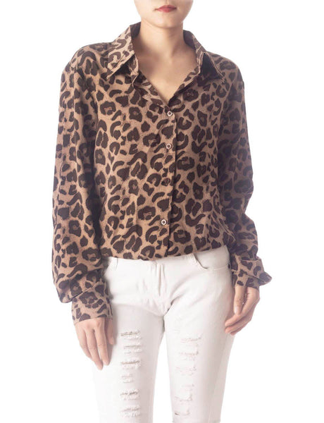 Women's Leopard Patterned Opaque Casual Button Long Sleeve Shirt