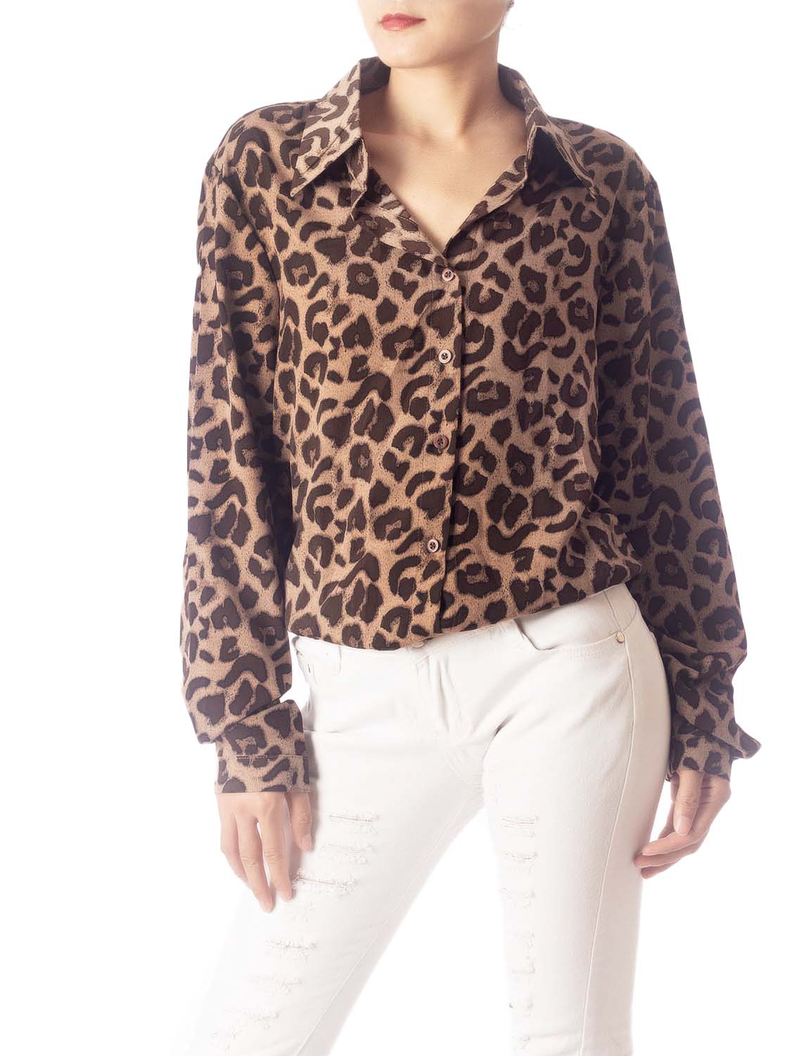 Women's Leopard Patterned Opaque Casual Button Long Sleeve Shirt