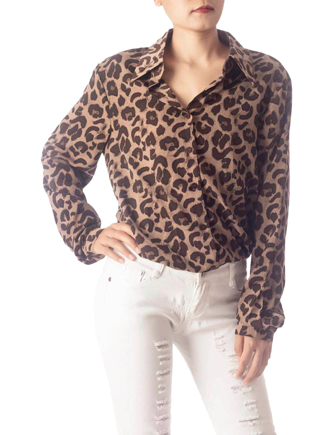 Women's Leopard Patterned Opaque Casual Button Long Sleeve Shirt