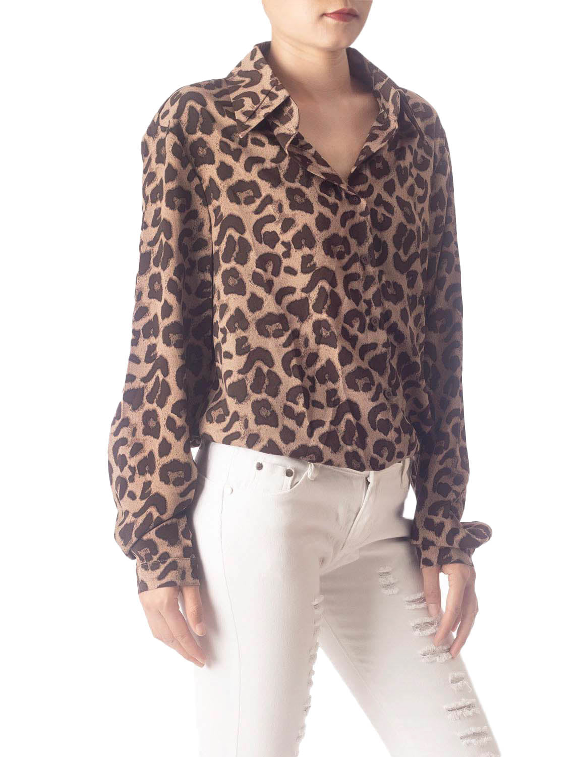 Women's Leopard Patterned Opaque Casual Button Long Sleeve Shirt