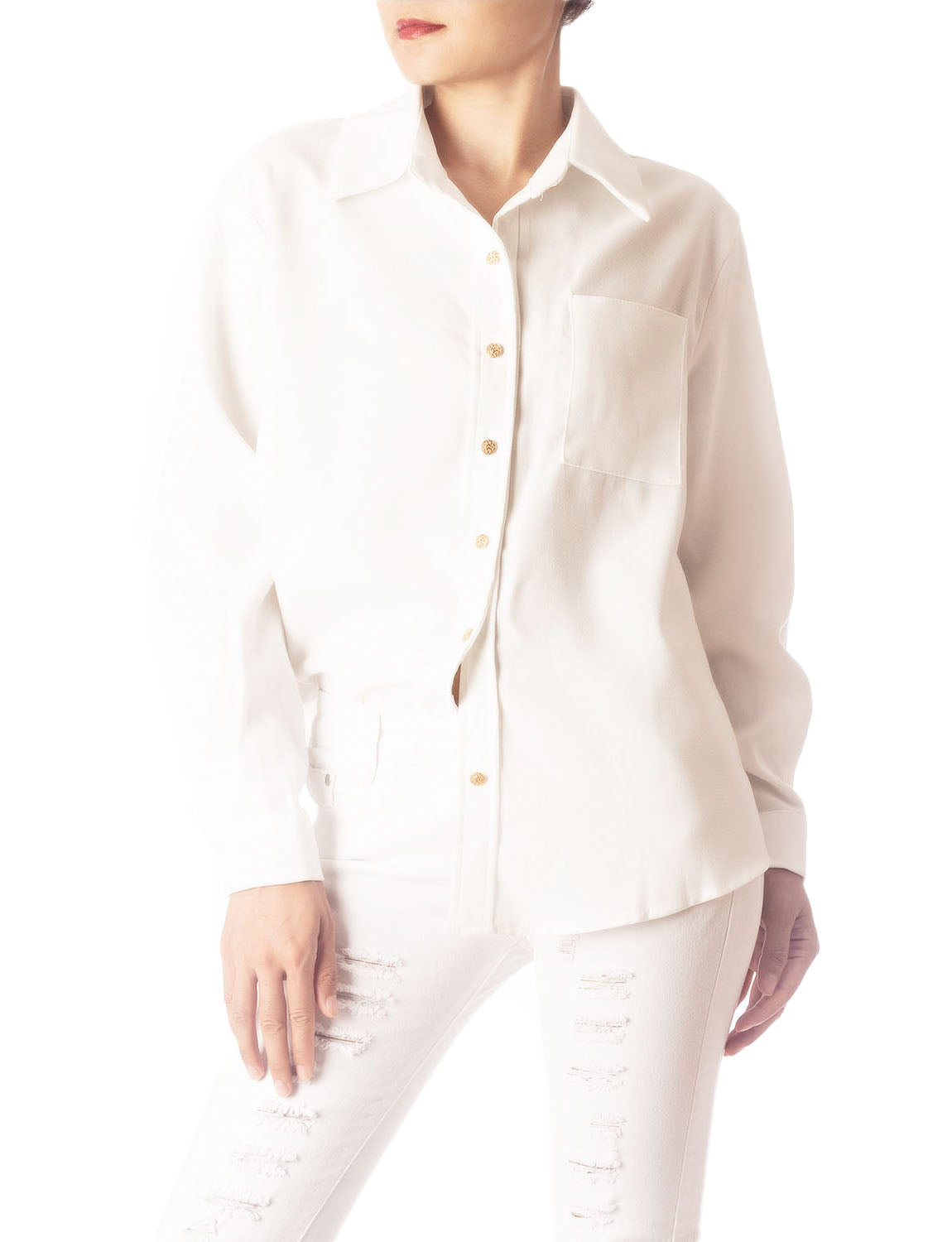 Women's Cozy Relaxed Retro White Cuffed Long Sleeve Shirt