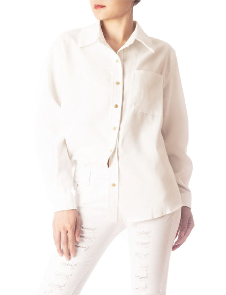 Women's Cozy Relaxed Retro White Cuffed Long Sleeve Shirt