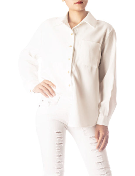 Women's Cozy Relaxed Retro White Cuffed Long Sleeve Shirt