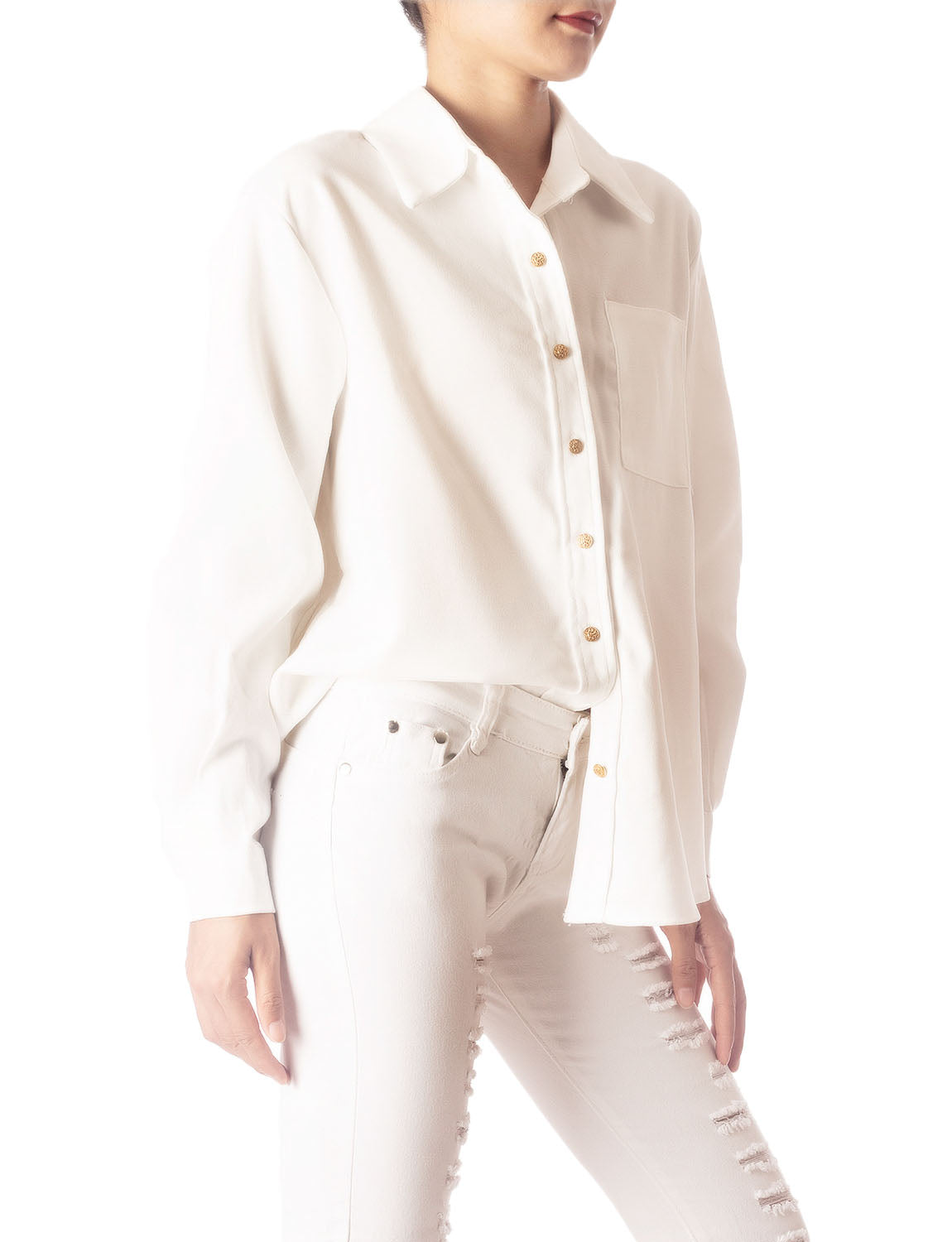 Women's Cozy Relaxed Retro White Cuffed Long Sleeve Shirt