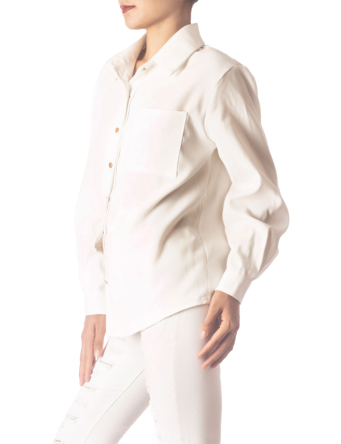 Women's Cozy Relaxed Retro White Cuffed Long Sleeve Shirt