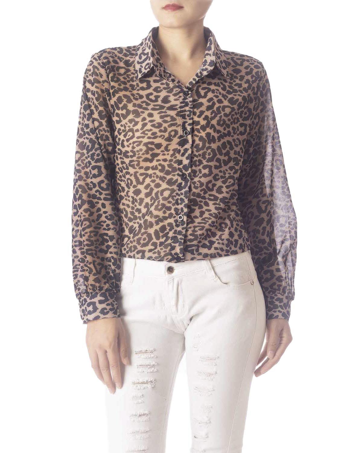 Women's Leopard Patterned Casual Button Semi Sheer Long Sleeve Shirt