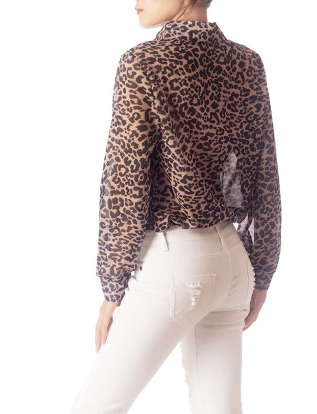 Women's Leopard Patterned Casual Button Semi Sheer Long Sleeve Shirt