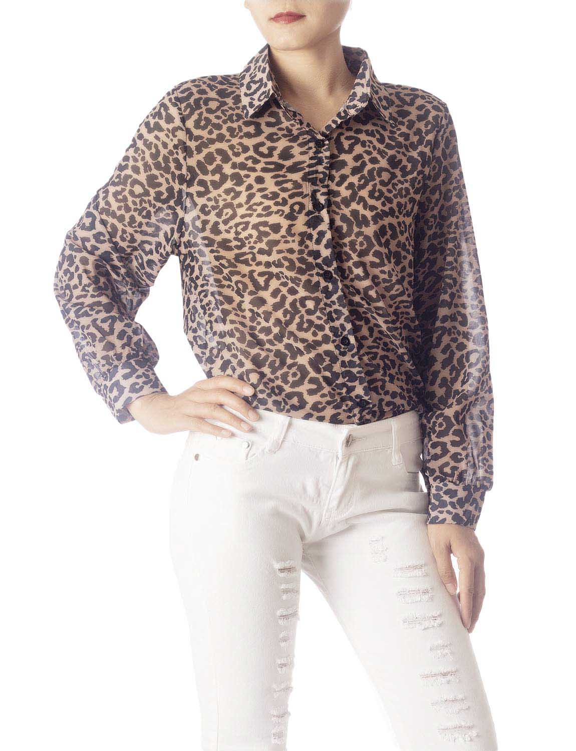 Women's Leopard Patterned Casual Button Semi Sheer Long Sleeve Shirt