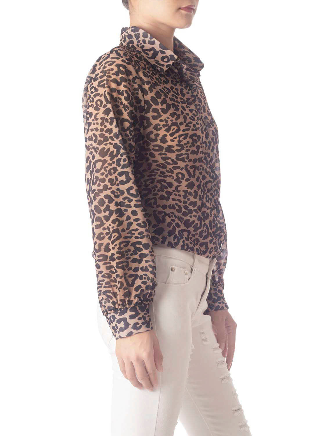 Women's Leopard Patterned Casual Button Semi Sheer Long Sleeve Shirt