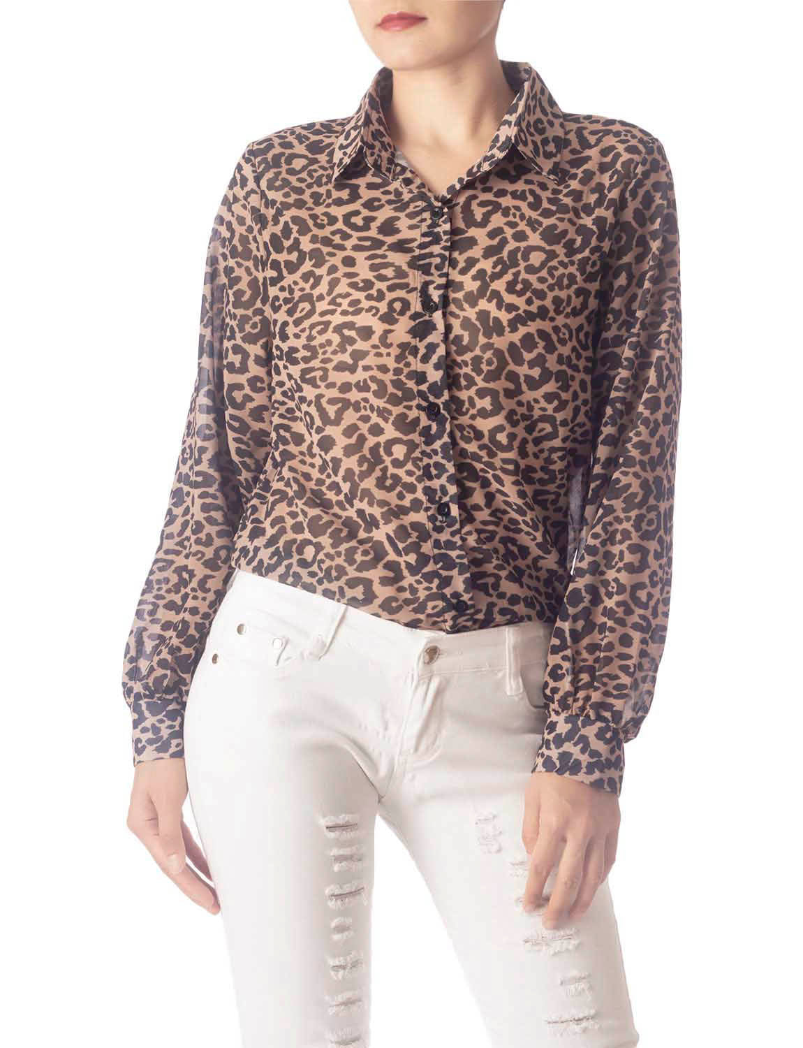 Women's Leopard Patterned Casual Button Semi Sheer Long Sleeve Shirt