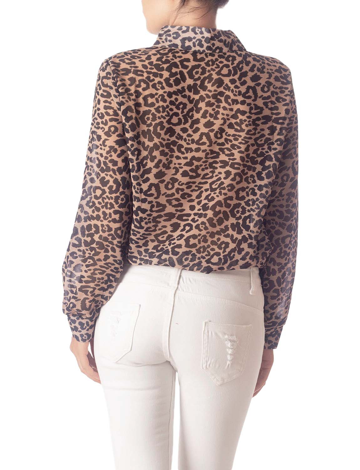 Women's Leopard Patterned Casual Button Semi Sheer Long Sleeve Shirt