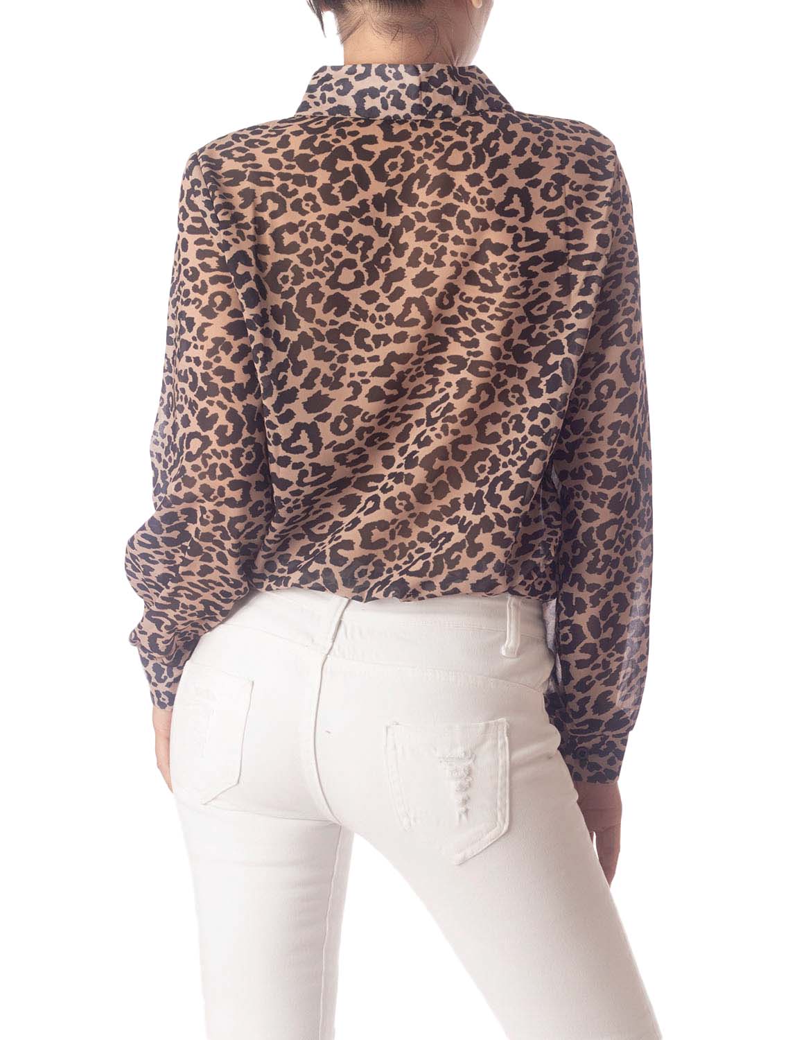 Women's Leopard Patterned Casual Button Semi Sheer Long Sleeve Shirt