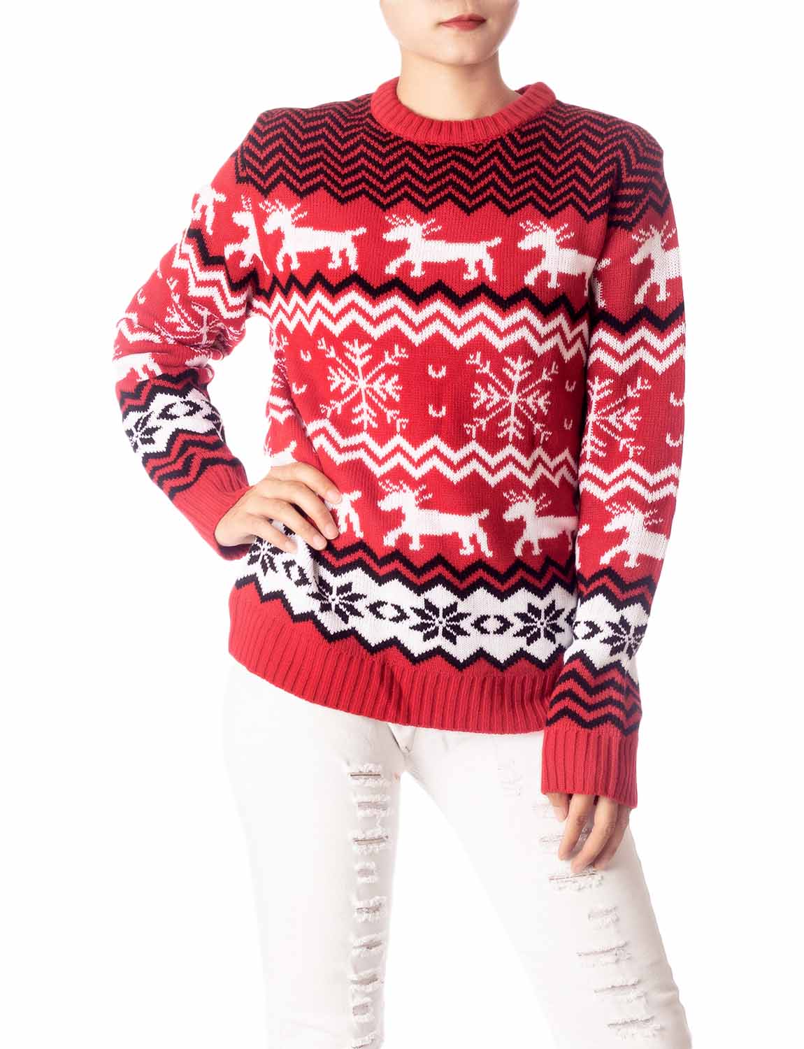 Women's Casual Christmas Reindeer Long Sleeve Top Pullover Sweater