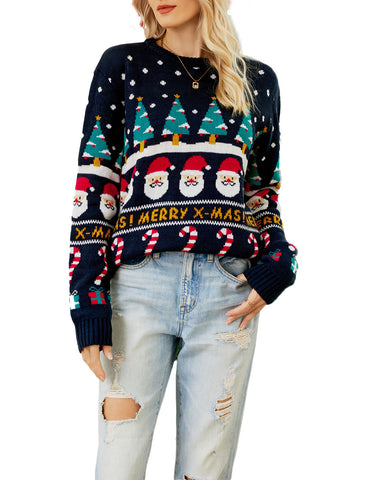 iB-iP Women's Cozy Christmas Top Santa Claus Long Sleeve Pullover Sweater