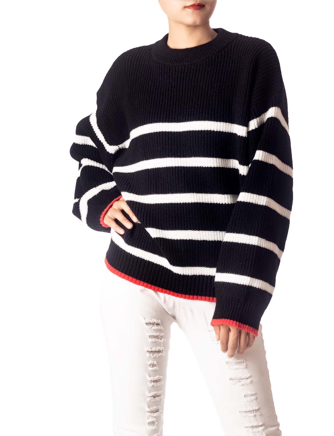 Women's Cozy Casual Top Long Sleeve Stripes Lightweight Pullover Sweater