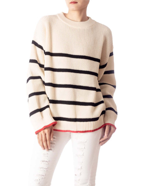 Women's Cozy Casual Top Long Sleeve Stripes Lightweight Pullover Sweater