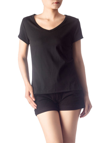 iB-iP Women's Slim Fit Stretchy Deep U Neck Comfort Cap Sleeves T-shirt